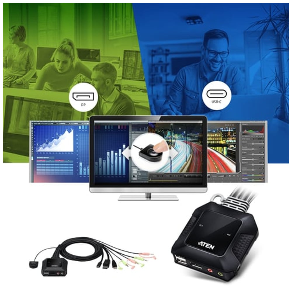 Switch ATEN KVM de cabo híbrido DisplayPort USB-C de 2 portas