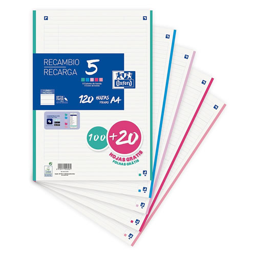 Recarga Papel Oxford A4 Pautado 100+20fls - Cores Pastel