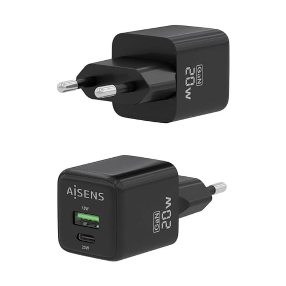 Carregador Universal 20W GAN 1xUSB-C PD3.0 QC4.0 - 1xUSB-A QC3.0 Preto