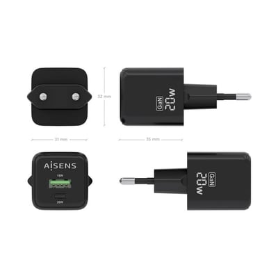Carregador Universal 20W GAN 1xUSB-C PD3.0 QC4.0 - 1xUSB-A QC3.0 Preto